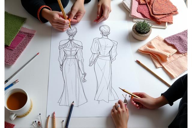 Mesa de diseño con bocetos de ropa, patrones y herramientas de corte.