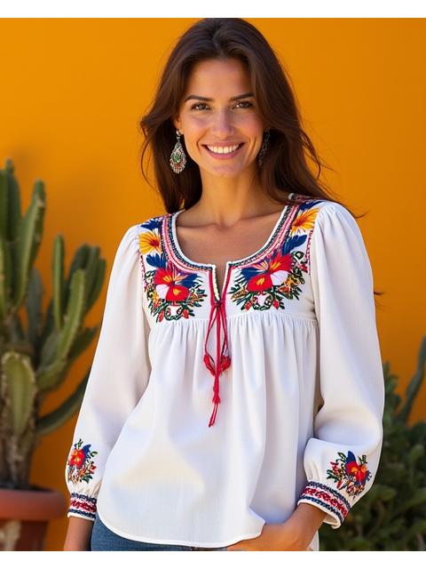 Blusón blanco con bordados mexicanos a mano