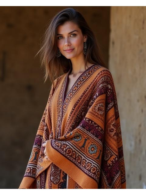 Poncho de estilo étnico con patrones geométricos