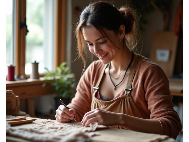 Artesana concentrada, hilando tela a mano.