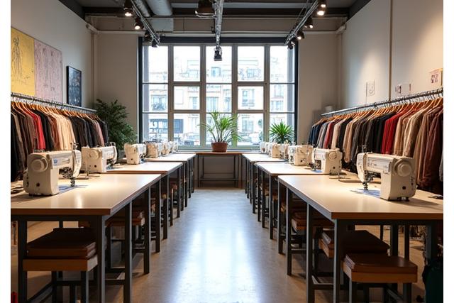 Interior de un taller de costura con máquinas de coser y telas.