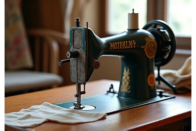 Máquina de coser antigua en un taller artesanal, simbolizando la creación de ropa hecha a mano.